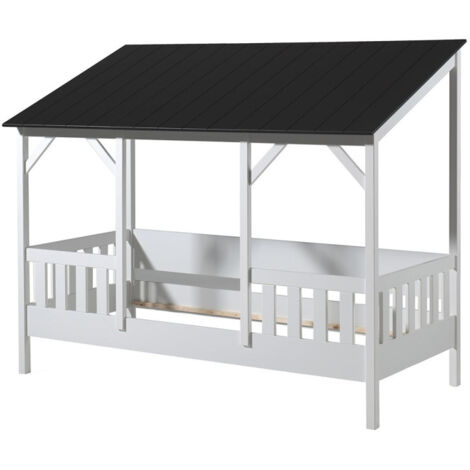 Lit Cabane Enfant en Bois "Housebed III" 90x200cm Blanc & Noir