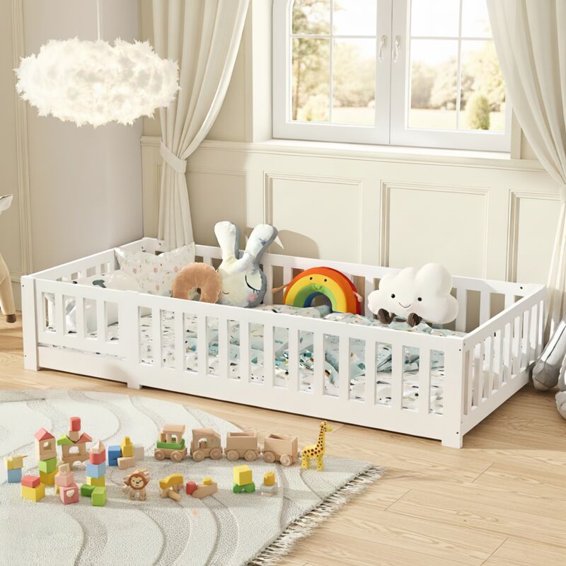 Lit simple enfant 90x200cm, cadre de lit en bois massif, sommier à lattes en bois, avec barrière de sécurité, Blanc