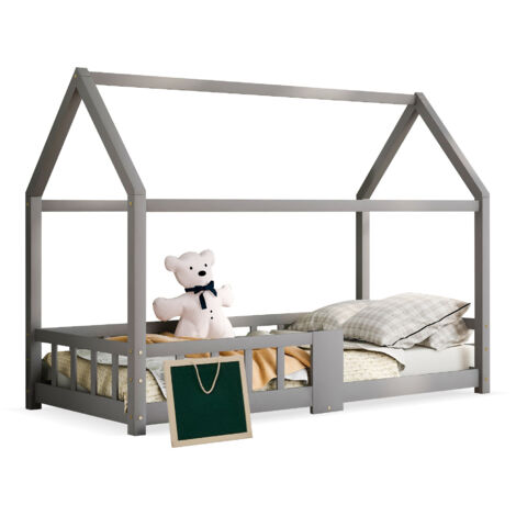 Lit cabane enfant en bois massif gris 90x200 cm avec protection anti-chute, sommier à lattes et tableau inclus