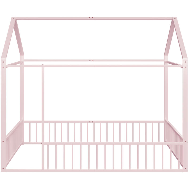 Liberté - Lit cabane enfant en métal 140x200, avec barrières, rose