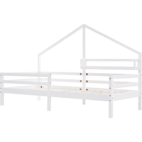 Lit cabane enfant en pin blanc 90x200 cm avec étagère et barrières de sécurité, sommier à lattes inclus