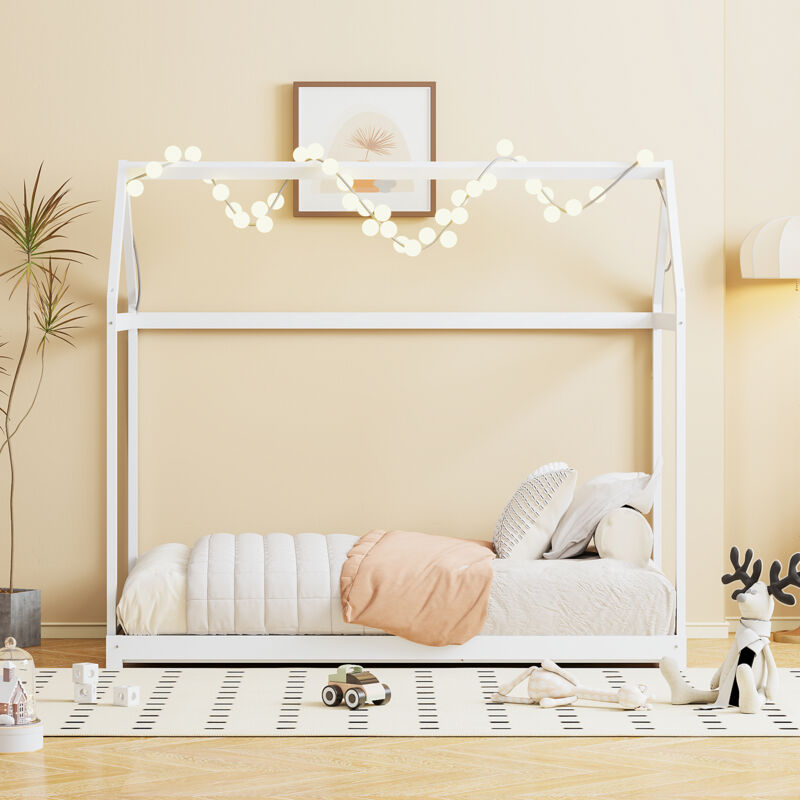 Hauss Spole - Lit cabane enfant gigogne 90/180 x 190 cm en pin et mdf, sommier inclus, charge de 120 kg, blanc