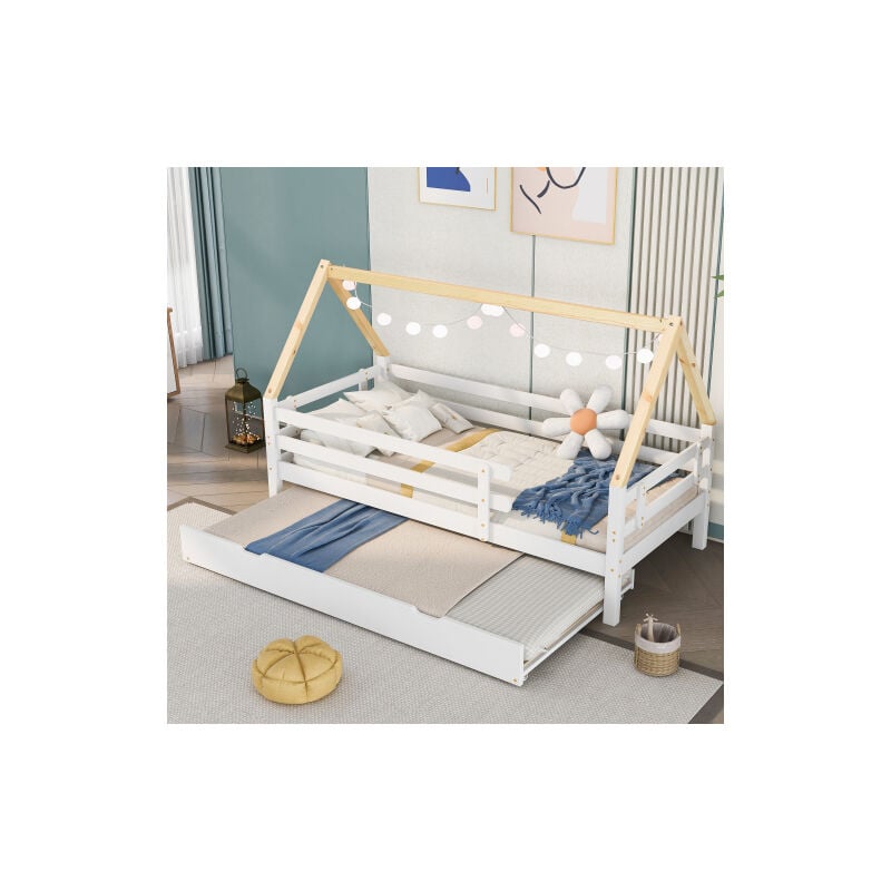 Liberté - Lit cabane enfant gigogne avec lit coulissant à roulettes en dessous, bois massif, ferme de toit de couleur naturelle (200x90cm)