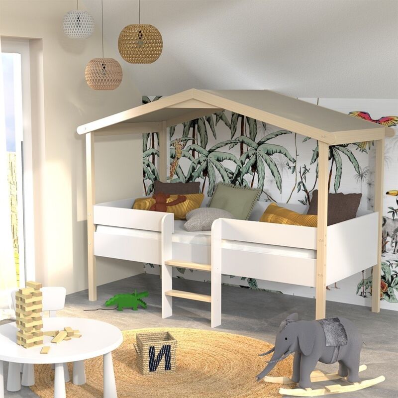 Laïba Kids - Lit Cabane Enfant Ile Au Trésor 90x190 avec Sommier Naturel et Blanc
