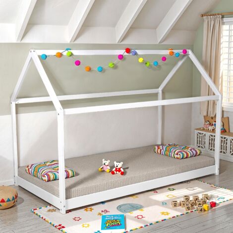 Lit cabane enfant inspiration Montessori en bois blanc 90x190 - LT14004