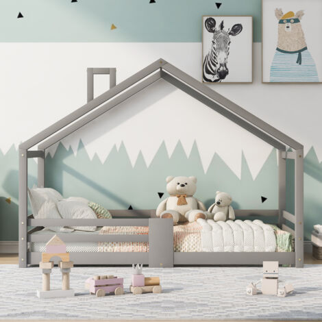 Lit cabane enfant, Lit d'enfant avec cheminéeProtection contre les chutesCadre à lattes robusteLit d'enfant en pin, 90x200 cm, sans matelas, gris