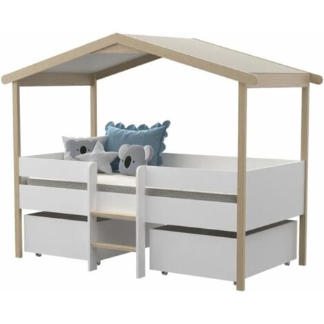 LE QUAI DES AFFAIRES Lit cabane Enfant PILOTI 90x190 sommier + 2 tiroirs Blanc et Naturel - Weber industries