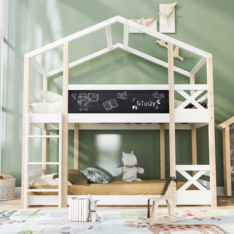 Blanketswarm - Lit cabane Enfants 90x200cm avec escalier, Lit mezzanine Lit superposé Enfant avec Grille et tableau noir, lit double lit Mezzanine