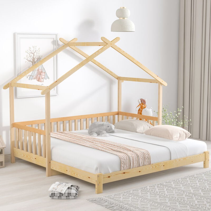Lit cabane enfant 90x200 cm, lit extensible 90x200 cm avec grille et sommier à lattes, en bois, naturel