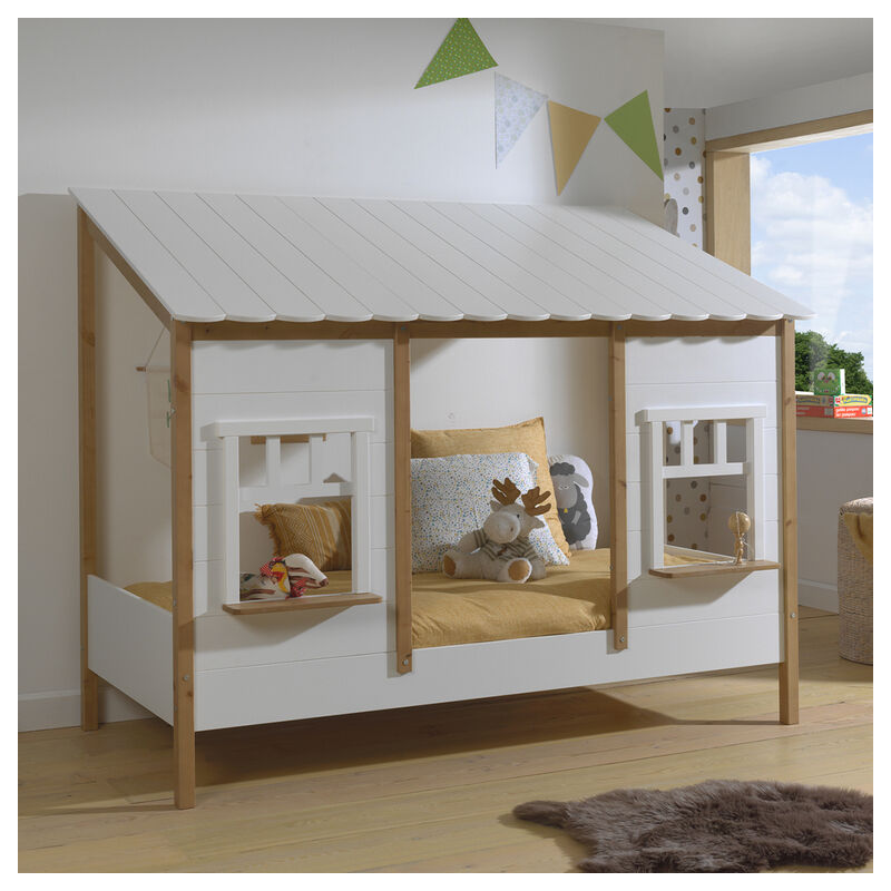 Lit cabane 90x200 sommier inclus Vipack Housebed Blanc et bois