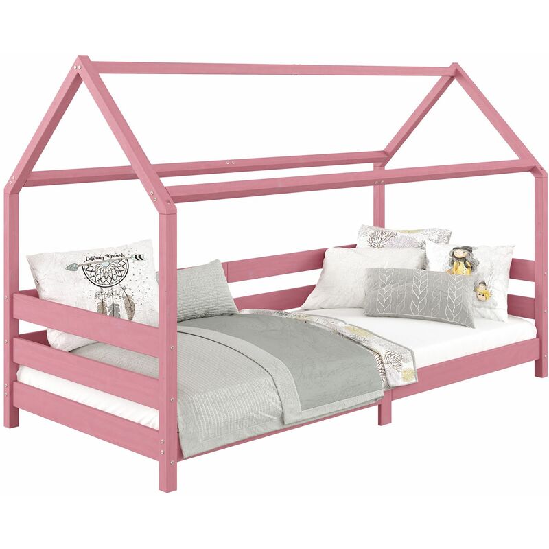 Lit cabane fina lit simple pour enfant montessori90 x 190 cm, avec barrières de protection sur 3 côtés, en pin massif lasuré rose - Rose