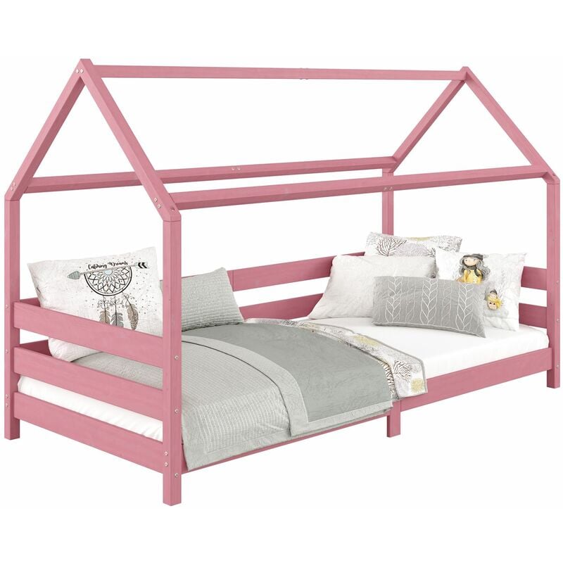 Lit cabane fina lit simple pour enfant montessori 90 x 200 cm, avec barrières de protection sur 3 côtés, en pin massif lasuré rose - Rose