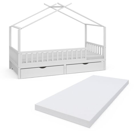 VICCO Lit cabane Franka, Blanc, 90x200 cm avec 2 tiroirs et matelas, Vitalispa