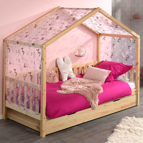 Lit cabane gigogne 90x200 avec voile pin massif clair Bali