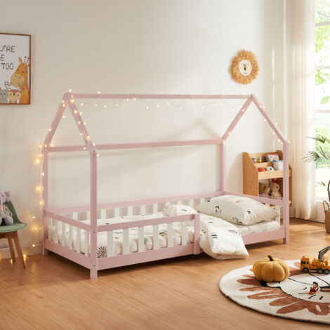 Lit cabane Hesel bois de pin 90 x 200 cm rose [en.casa]