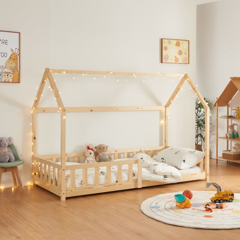 [en.casa] - Lit cabane Hesel pour enfants bois de pin 90 x 200 cm naturel