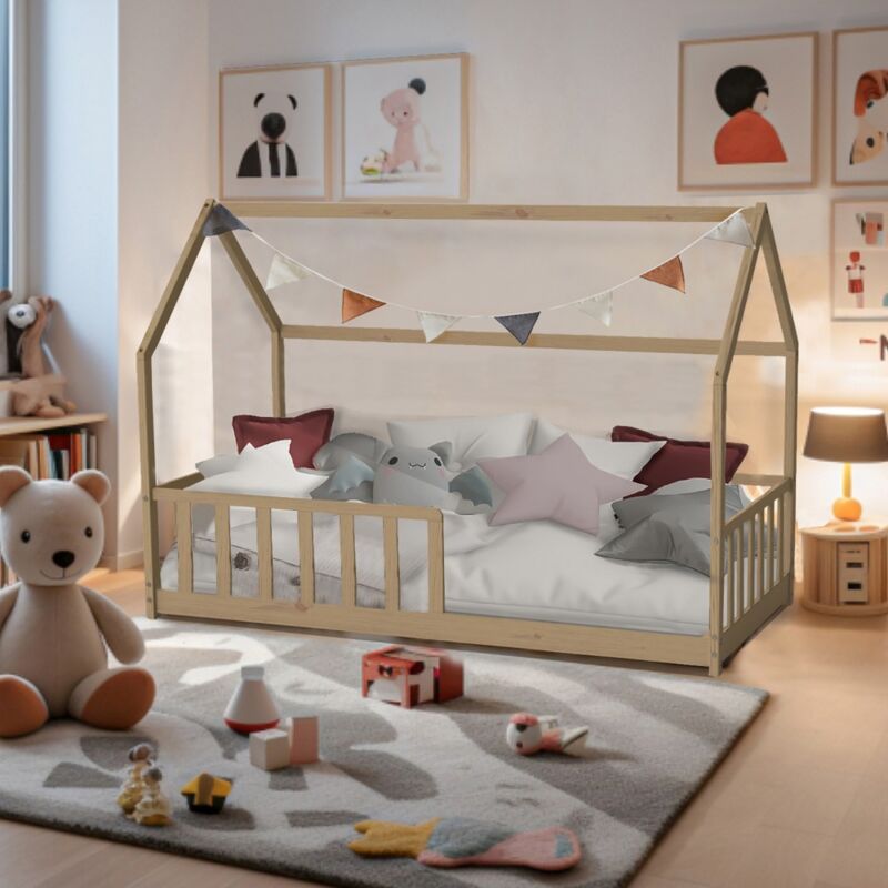 Le Quai Des Affaires - Lit cabane Kiwi 90x190 + 1 sommier + barrière /Naturel/ 197x97x141