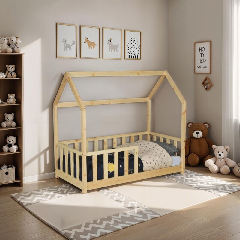 Le Quai Des Affaires - Lit cabane Kiwi 70x140 + 1 sommier + barrière /Naturel/ 146.5x77x131