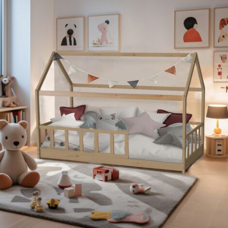 LE QUAI DES AFFAIRES Lit cabane Kiwi 90x200 + 1 sommier + barrière /Blanc/ 207x97x141