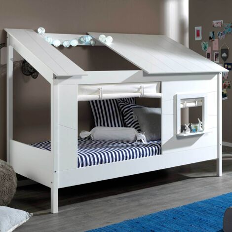 Lit cabane Lio 90x200 avec rideaux - blanc