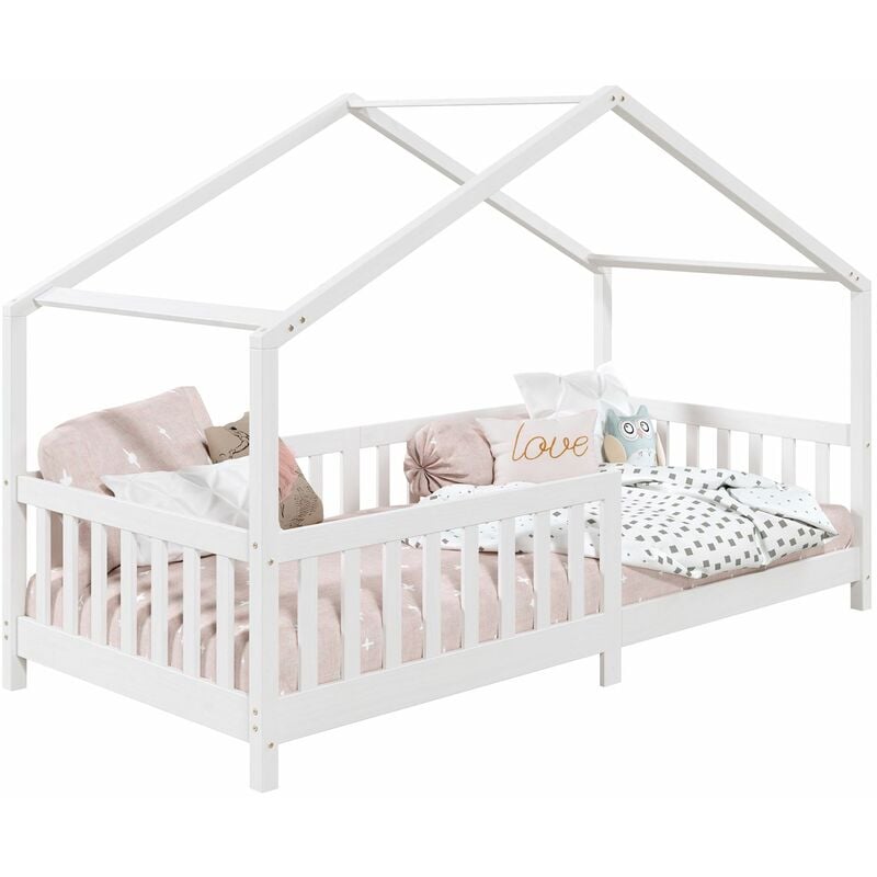 Lit cabane enfant 90x190 cm lisan lit Simple montessori avec Barrières de Protection en Bois Massif lasuré blanc - Blanc