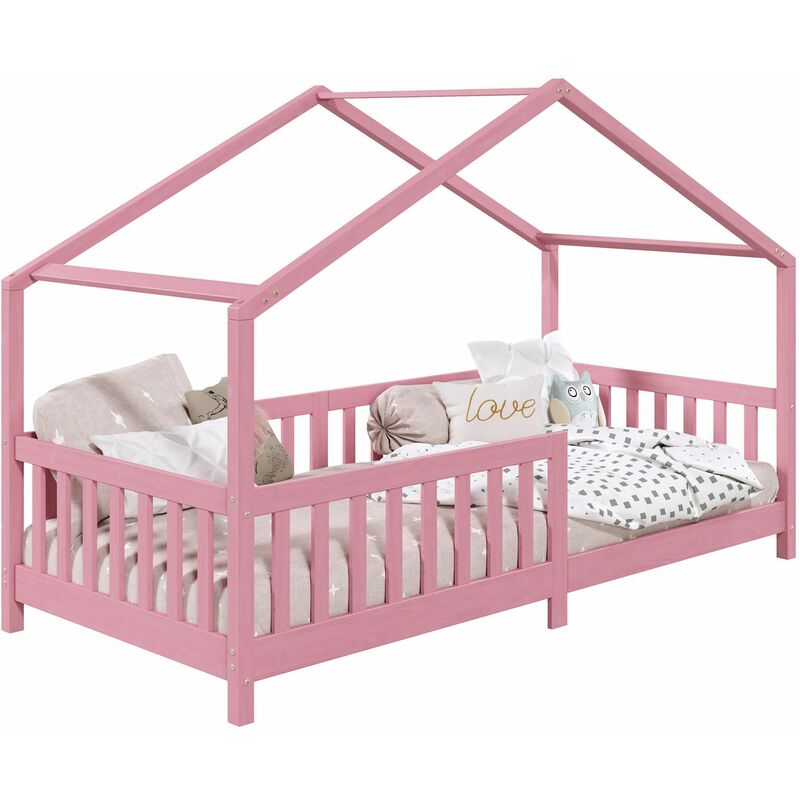 Lit cabane enfant 90x200 cm LISAN lit Simple montessori avec Barrières de Protection en Bois Massif lasuré rose - Rose