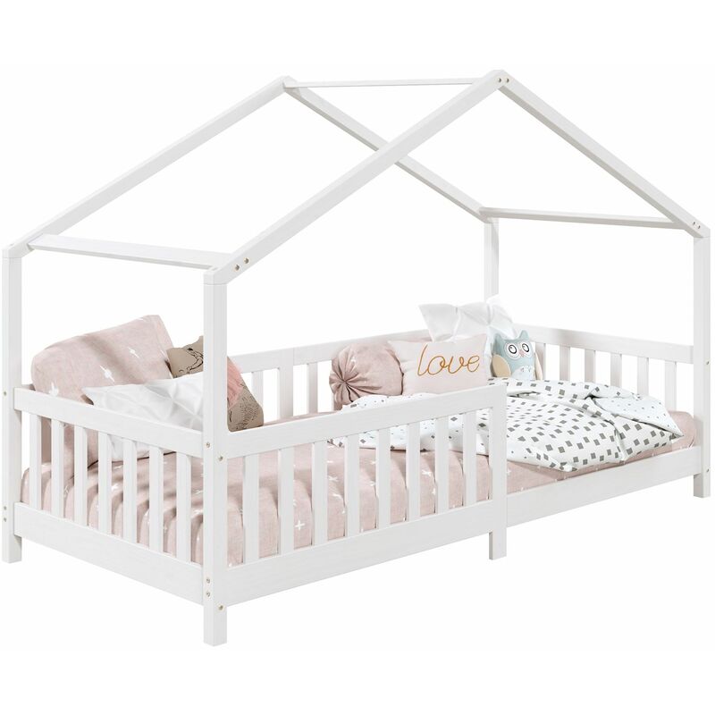 Lit cabane enfant 90x200 cm lisan lit Simple montessori avec Barrières de Protection en Bois Massif lasuré blanc - Blanc
