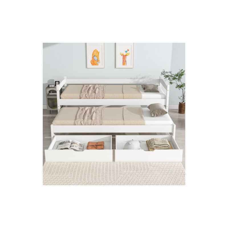Wishdor - Lit enfant 90 x 200 cm et 90 x 190 cm, cadre de lit avec 2 tiroirs et roulettes en bas, blanc