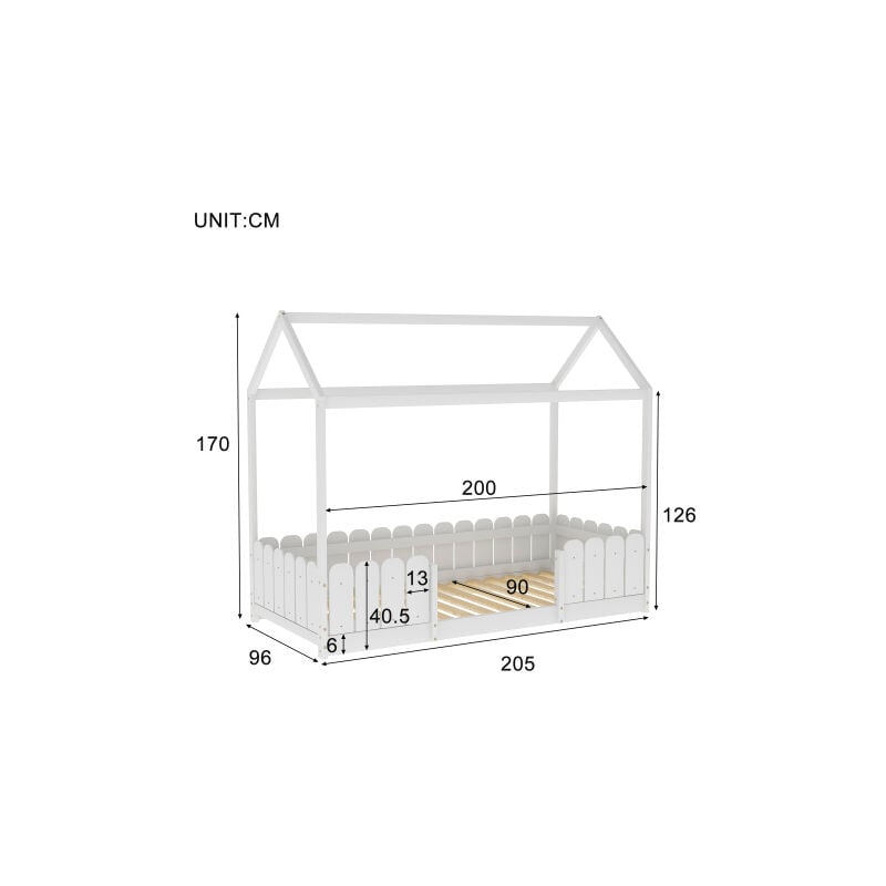 90x200 cm Lit cabane Lit d'enfant en bois polyvalent pour garçons et filles avec protection contre les chutes et sommier à lattes blanc (sans matelas)