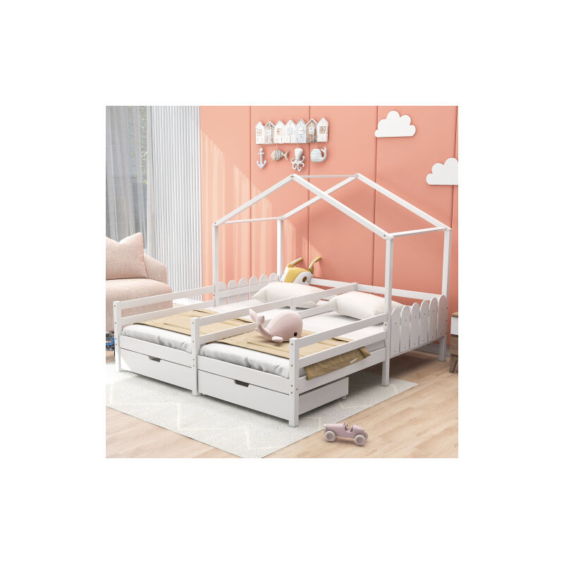 Lit cabane, lit double, lit enfant, lit bébé avec 2 tiroirs en mdf, tiroirs sur roulettes, sommier à lattes en pin, blanc (200x90cm)