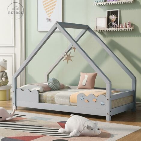Lit cabane lit enfant 80x160cm avec protection contre les chutes - Lit de jeu pour adolescent en bois massif, couleur gris