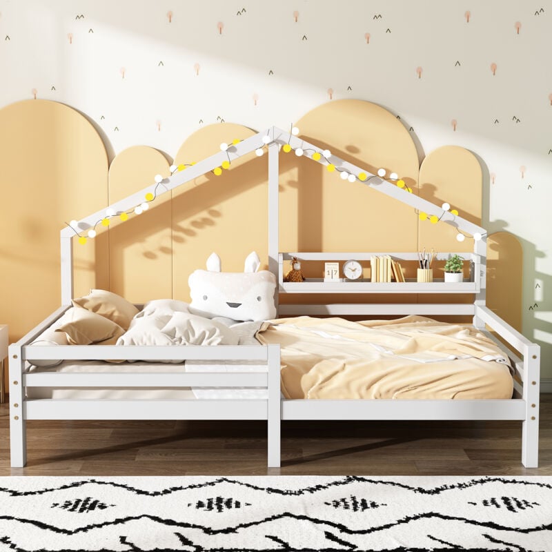 Lit cabane Lit enfant 90 x 200 cm avec étagère de rangement, sans tiroirs, forme cheminée, bois de pin, blanc