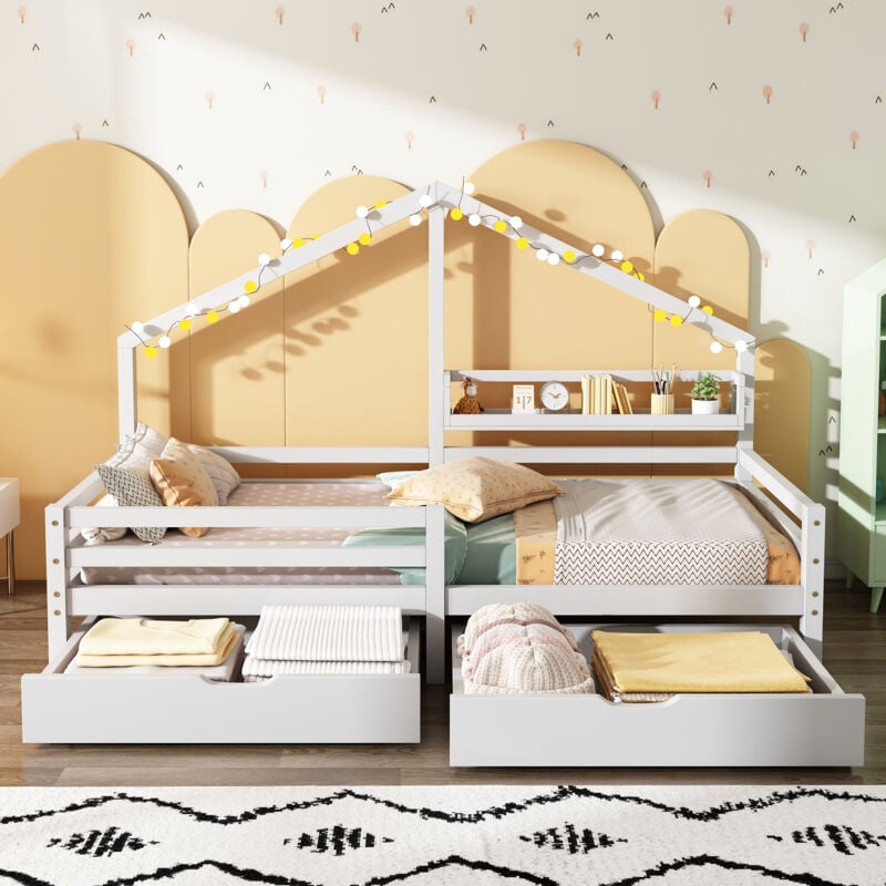 Lit cabane Lit enfant 90 x 200 cm avec étagère de rangement et 2 tiroirs, forme cheminée, bois de pin, blanc