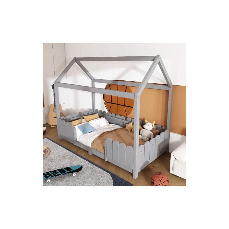 Lit cabane 90x200 cm, lit enfant 90x200 cm avec clôtures et sommier à lattes, lit cabane enfant en bois, gris, sans matelas