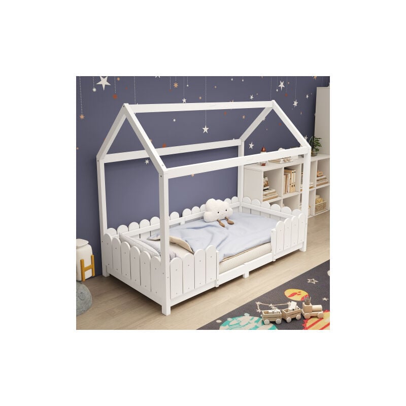 Lit cabane 90x200 cm, lit enfant 90x200 cm avec clôtures et sommier à lattes, lit cabane enfant en bois, blanc, sans matelas