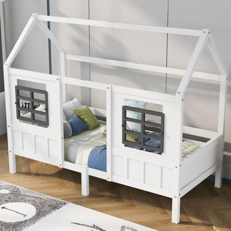 Okwish - Lit cabane 90x200 cm lit simple, lit enfant avec 2 fenêtres, cadre en pin, mdf, blanc, sans matelas