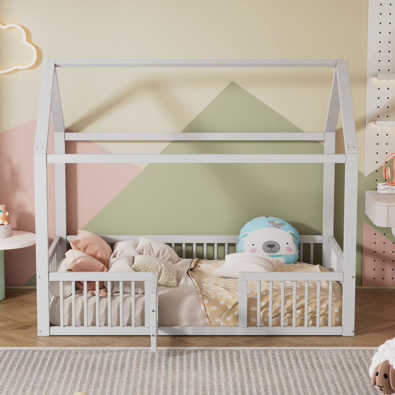 Wishdor - Lit cabane 90x200 cm, lit simple, lit cabane enfant, cadre de lit en bois avec sommier à lattes et porte, blanc, sans matelas