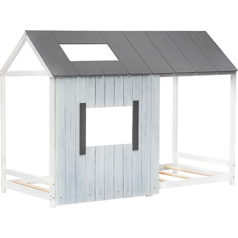 Lit cabane ludique 200x90 cm, lit de jeunesse avec toit et fenêtre, lit d'enfant en bois avec sommier à lattes, gris et blanc