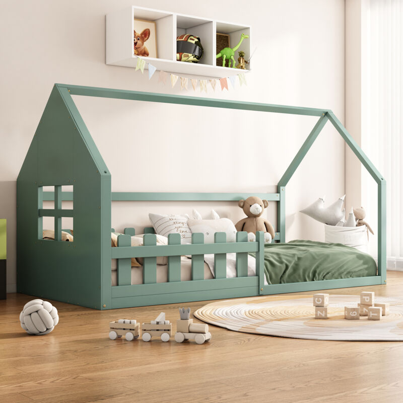 Modfu - Lit cabane ludique, avec barrière, lit simple enfant 90x200cm, en bois, sans matelas, gris-vert