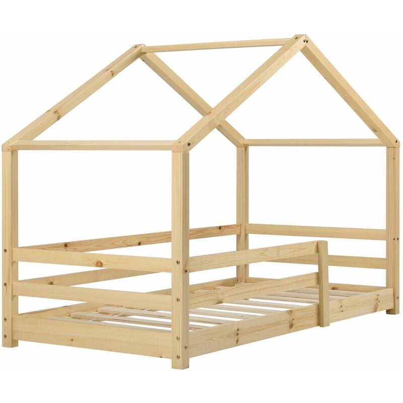 Lit cabane maison pour enfant avec barrière et sommier à lattes bois de pin naturel 160 x 80 cm