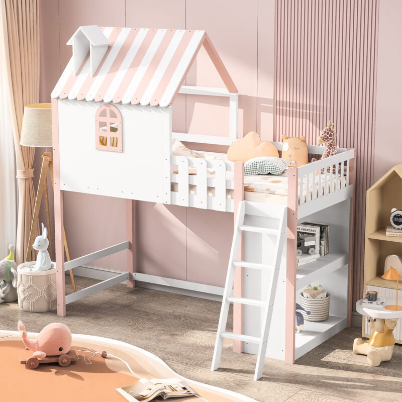 Sureh - Lit cabane mezzanine 90x200cm, lit cabane d'enfant en forme de toit avec échelle,casiers, lit superposé enfant avec protection antichute et