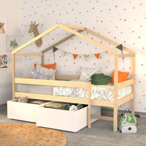 LE QUAI DES AFFAIRES Lit cabane MIKA 90x190 + sommier + 2 tiroirs / Naturel & blanc/ 199x95x165