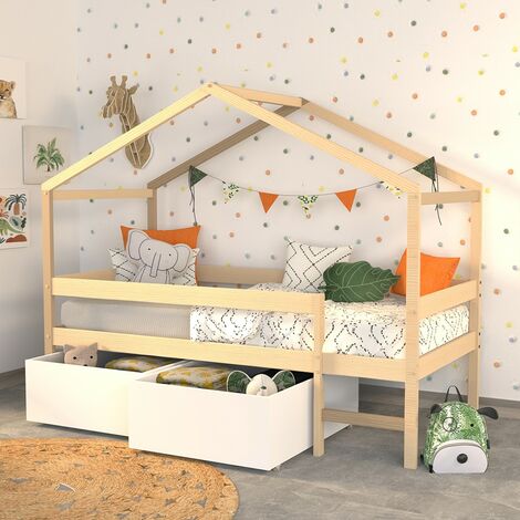 Lit cabane MIKA 90x190 + sommier +2 tiroirs + matelas IRIS  / Naturel & blanc/ 199x95x165