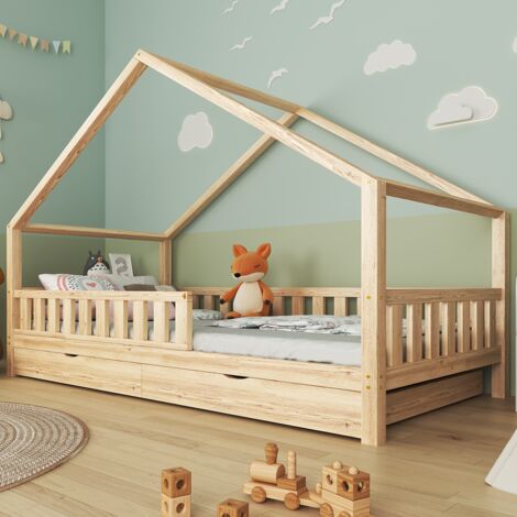 JANZDIYS Lit cabane montessori 90x190 cm avec tiroirs, lit enfant en bois naturel avec barrière, lit au sol sécurisé avec protection antichute, espace de rangement, barrière amovible