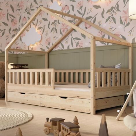 JANZDIYS Lit cabane montessori 90x190 cm avec tiroirs, lit enfant en bois naturel avec barrière, lit au sol sécurisé avec protection antichute, espace de rangement, barrière amovible
