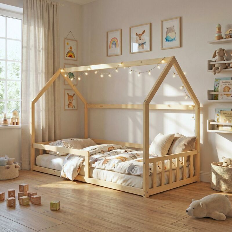 Lit cabane NEMO 90x190 + 1 sommier + barrière /Naturel/ 196,5x97x140,5