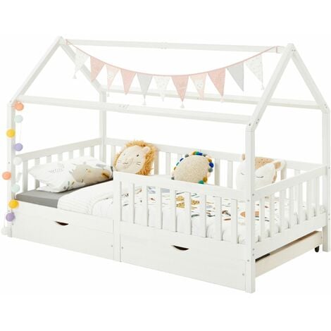 Lit cabane NUNA avec tiroirs, 90 x 190 cm en pin massif lasuré blanc