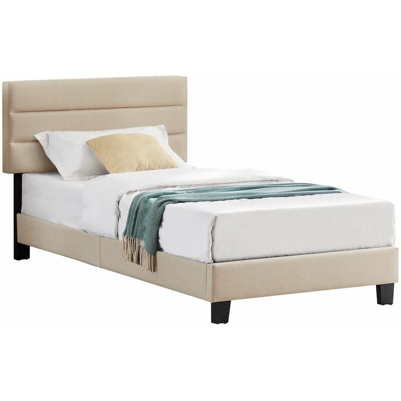 Lit 1 place florida, 90 x 190 cm, capitonné avec sommier, revêtement en tissu beige