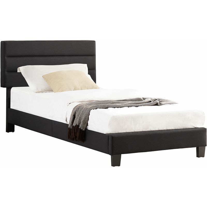 Lit 1 place florida, 90 x 190 cm, capitonné avec sommier, revêtement en tissu noir