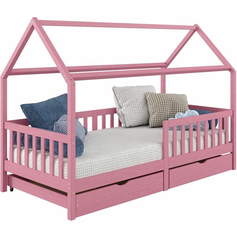 Lit cabane nuna lit enfant simple montessori en bois 90 x 190 cm, avec rangement 2 tiroirs, en pin massif lasuré rose - Rose